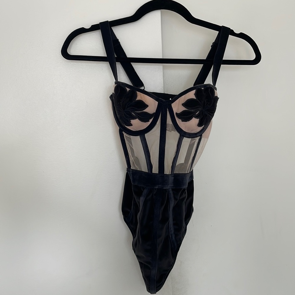 Victorias Secret Velvet Bodysuit sheer paneling with corset top